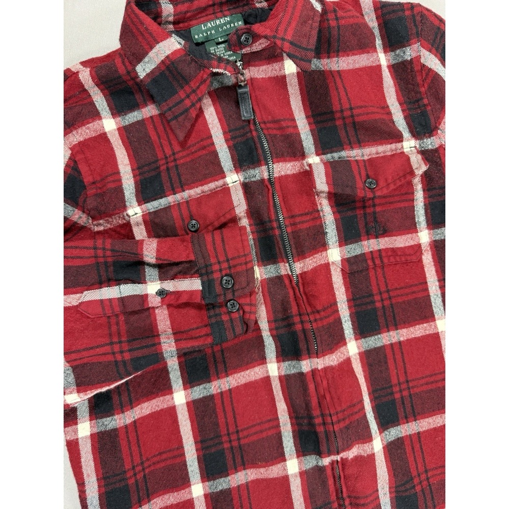 Vintage Lauren Ralph Lauren Shirt Women Large Red Wool Plaid Fitted‎ Zip Korea